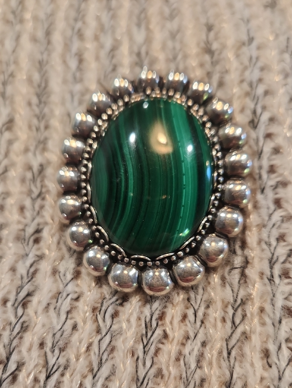 Carolyn Pollack Green Malachite Oval Brooch with Silver Bead Frame